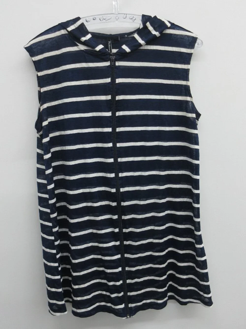PORTOCRUZ HOODED SWIM COVER UP XL DARK BLUE WHITE STRIPES SLEEVELESS ZIPPED